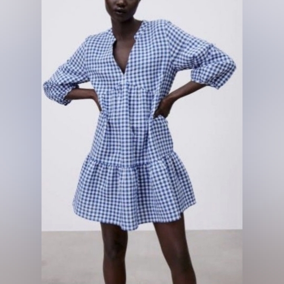 Zara Gingham Tiered Mini Dress Size L - Picture 2 of 11